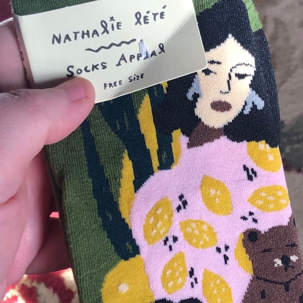 Nathalie Lete green socks. Brand new. Woman with Capybara/Woodland creature